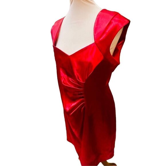 Shelby Nites Vintage Red Sheath Style Sleeveless Satin Midi Dress  With Ruched F - Picture 7 of 16